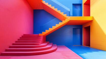 3D illustration of a modern, pastel stairway and geometric shapes, set against a clean blue backdrop