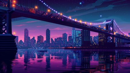 A city skyline with a bridge in the background