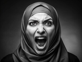 Woman in headscarf screaming