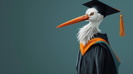 A white stork in a graduation gown and cap, looking to the side with a serious expression.