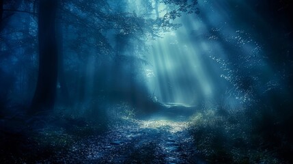 A mystical forest path bathed in ethereal blue light, with sunlight filtering through the dense canopy.  A sense of mystery and wonder permeates the scene.