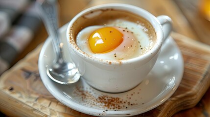 A close-up of a cup of coffee and a perfectly soft-boiled egg, ready to energize the day.