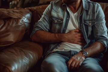 Fototapeta premium a man sitting on a couch with his hands on his stomach 