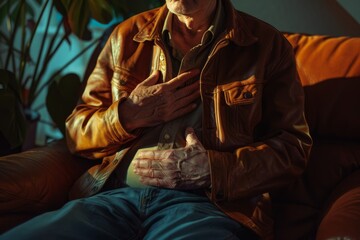 Obraz premium an elderly man sitting on a couch with his hands on his chest 