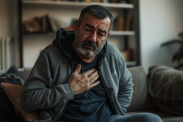 man with chest pain sitting on couch
