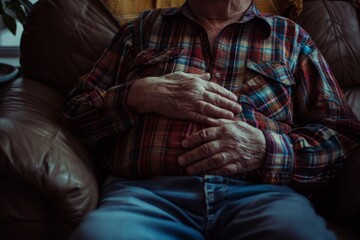 Fototapeta premium an elderly man sitting on a couch with his hands on his stomach 