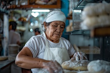 an older woman in a white hat making bread
