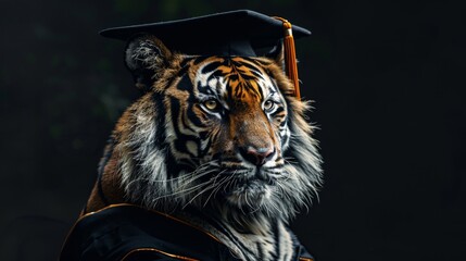 A majestic tiger with a graduation cap and gown, symbolizing education and achievement.
