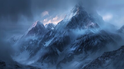A majestic snow-capped mountain peak shrouded in mist and clouds, bathed in ethereal light.