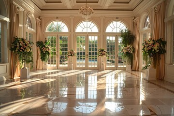 A spacious event hall with reflective floors and large windows providing a view of the garden gives a serene ambiance