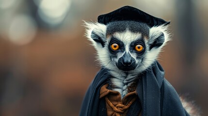 Fototapeta premium A lemur wearing a graduation cap and gown looks directly at the camera with a serious expression.