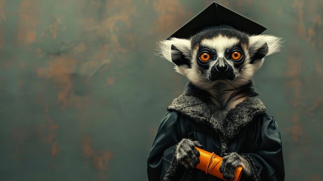 A lemur wearing a graduation cap and gown holds a diploma. The lemur looks proud and accomplished.