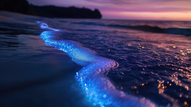 Image of bioluminescence in night sea tide wave blue light flashes and sparkling particles effect landscape background