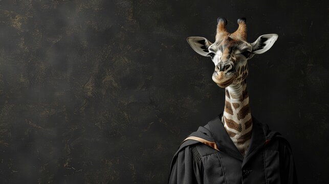 A giraffe wearing a black robe, looking curiously at the camera.  The background is a dark, textured wall.