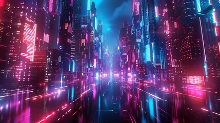 A futuristic city alleyway glows with neon light, reflecting on a wet pavement. The towering buildings create a sense of mystery and wonder.