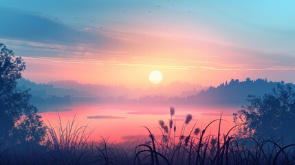 Naklejka premium A beautiful sunset over a lake with a few birds flying in the sky