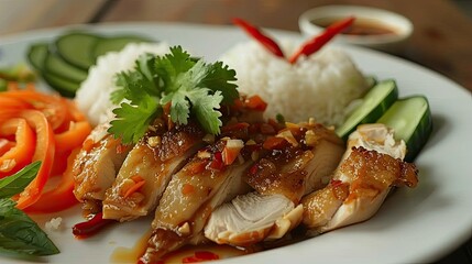 A delicious serving of with tender chicken, aromatic rice, and fresh vegetables.