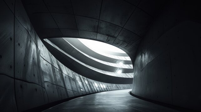 A dark, concrete tunnel with a curved ceiling and a glimpse of light at the end. The smooth, textured walls create a sense of mystery.