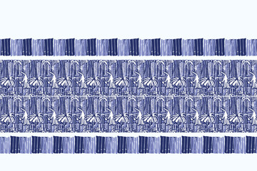 Indigo blue Japanese block print effect bordur. Seamless hand made vector design for fabric batik ribbon and faded fashion repeat banner. 