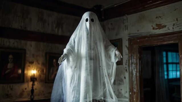 a ghost floating in an old, dimly lit, and possibly haunted room