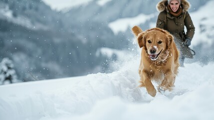A dog enjoying a snowy day in the mountains, playing in the snow with its owner.