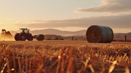 An agricultural landscape at dusk with a tractor creating bales of hay, accompanied by data points...