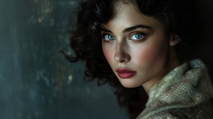 A beautiful woman with blue eyes and dark curly hair looks directly at the camera. Her expression is thoughtful and intense.
