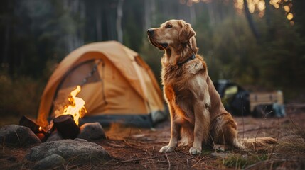 A dog sitting beside a tent with a campfire in the background, enjoying a camping trip with its family.