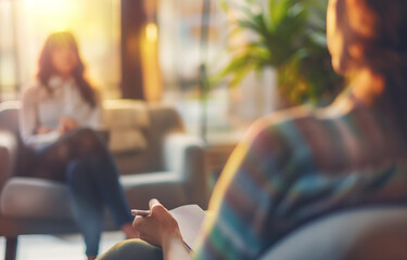 A close-up image of a psychologist taking notes during a session with a patient. The psychologist is seated in a chair, with a yellow jacket visible, and is holding a pen and notebook. The patient is