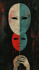 In this minimalist artwork, a single figure is depicted holding two masks one portraying a smile, and the other a frown. The image symbolizes the dichotomy between outward appearances and inner