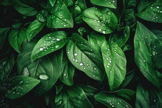 Vibrant green leaves adorned with dew droplets, captured in a close-up shot, showcasing the brilliance of nature's details.