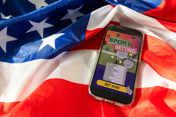 Mobile Esports - Web icon for games, websites and social media. Red and blue screen smartphone on usa flag background. illustration.