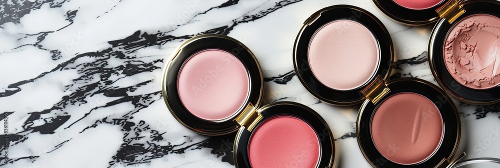Poster close-up of compact cases of powder and blush, showcasing their rich colors and elegant presentation