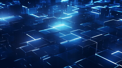 A digital grid is adorned with luminous bright blue lights, designed in a modern futuristic style