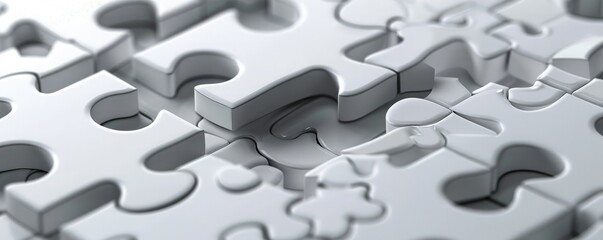 Close-up of white puzzle pieces, illustrating the concept of teamwork, problem-solving, and strategy in a monochromatic view.
