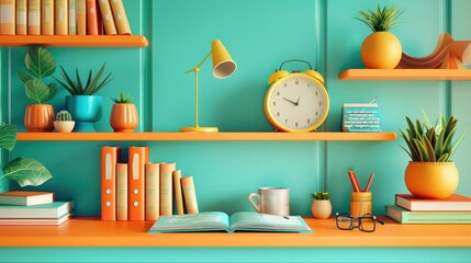 Colorful desk with open book, plants, cup, glasses, clock, and office supplies. Bright workspace with vibrant decor and organized shelves.
