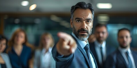 Obraz premium Professional pointing in team meeting blurred colleagues in background teamwork communication highlighted. Concept Teamwork, Professionalism, Communication Skills, Blurred Background
