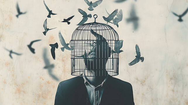 a man with open birdcage over his head,&nbsp;