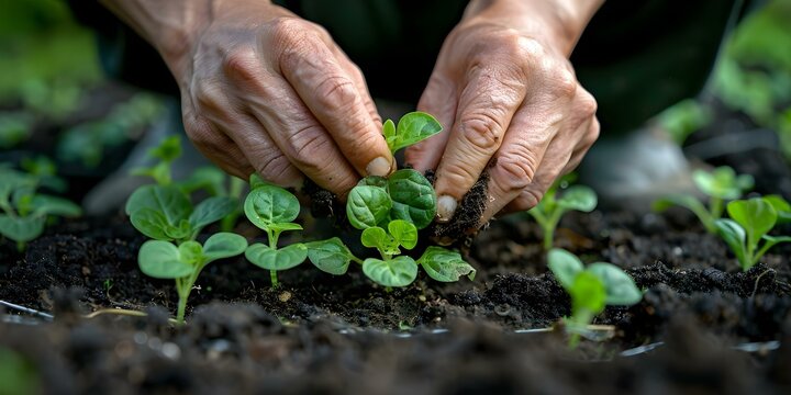 Closeup of hands planting seedlings in nutrien. Concept Gardening, Environment, Sustainability, Nature, Growth