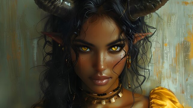 Tiefling woman with grey small horns to her head that grew to the sides, dark magical skin, yellow eyes, long curly black hair, wearing many braclets and rings
