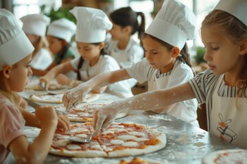 Children in chef hats making pizza