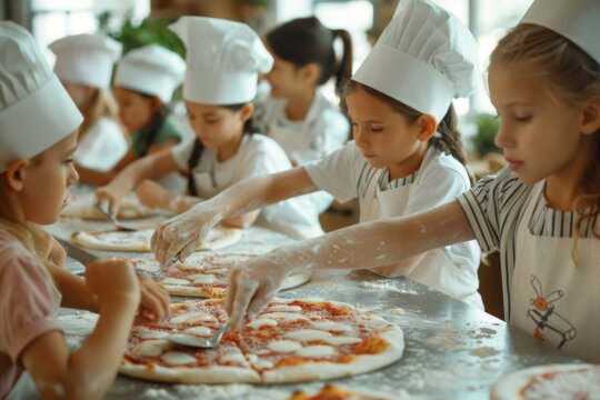 Children in chef hats making pizza