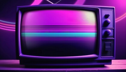 80s Retro wave style background displayed on vintage tv screen. VHS noise and glitch effects. Bright purple colors. Old display created with generative ai	