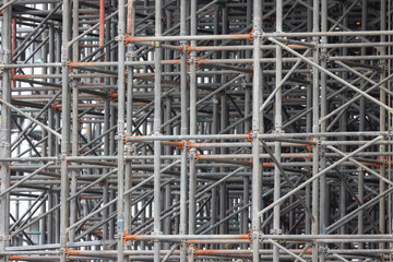 metal stacked scaffolding at construction site.