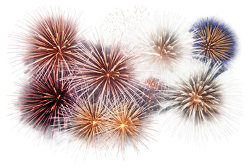 The image shows a stunning fireworks display with vibrant colors, presented on a transparent, white background, in png format