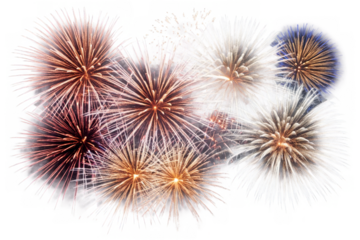The image shows a stunning fireworks display with vibrant colors, presented on a transparent, white background, in png format