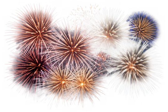 The image shows a stunning fireworks display with vibrant colors, presented on a transparent, white background, in png format