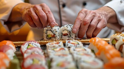 Present a close-up of a sushi chef's hands expertly preparing various sushi types. Capture the finesse and skill required to create perfect sushi, emphasizing the craftsmanship involved