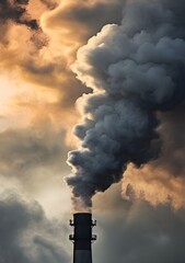 Smoke from factory pipe against dark overcast sky 