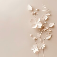 Minimalist Monochrome Floral Composition - A delicate arrangement of white paper flowers and leaves against a soft beige background. 